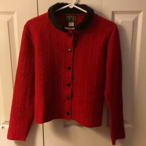 Beautiful red cardigan w/ faux collar.  Size M.  Great for the holidays.